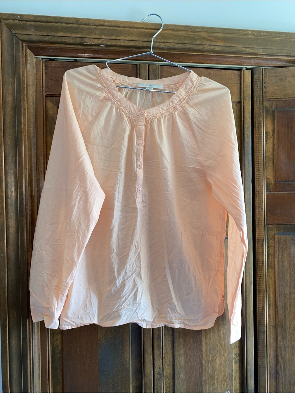 LOFT Light Peach Long Sleeve Button Peasant Blouse, Size L